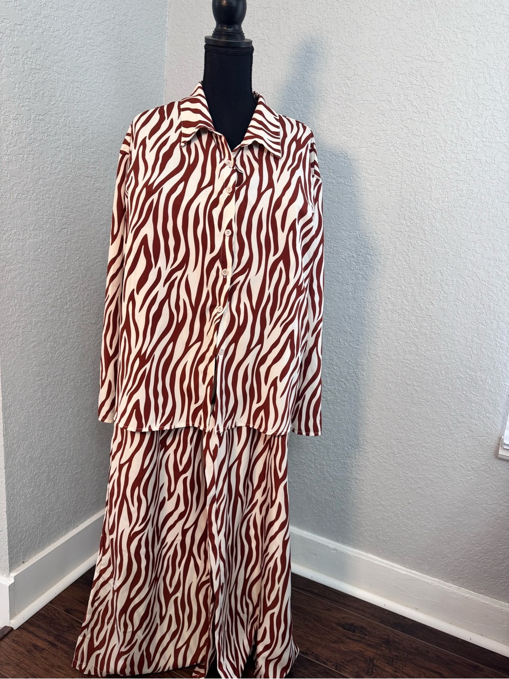Ivory and Brown Zebra Print Button-Up Top and Pant Set